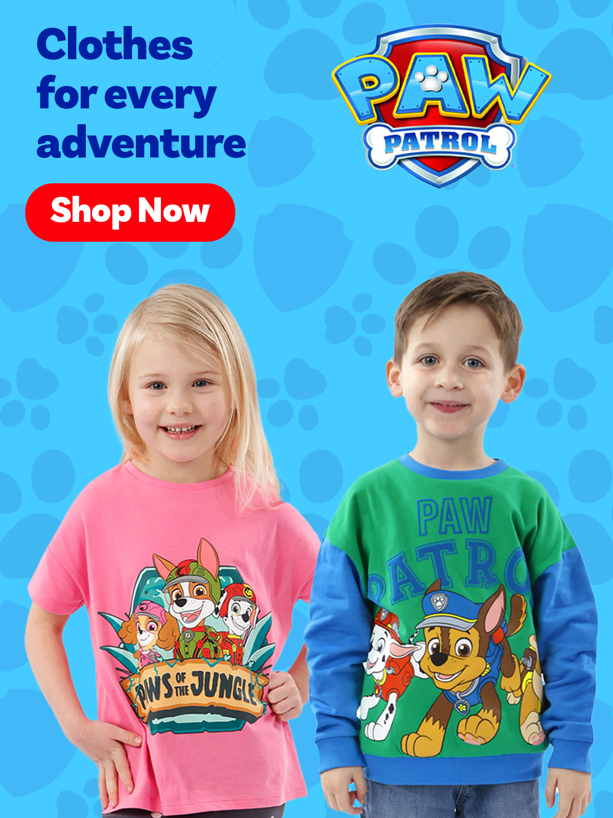 Young Girl and Boy wearing a PAW Patrol, PAWS of the Jungle, pink t-shirt and a green PAW Patrol Sweatshirt. PAW Patrol logo and Clothes for every adventure title.