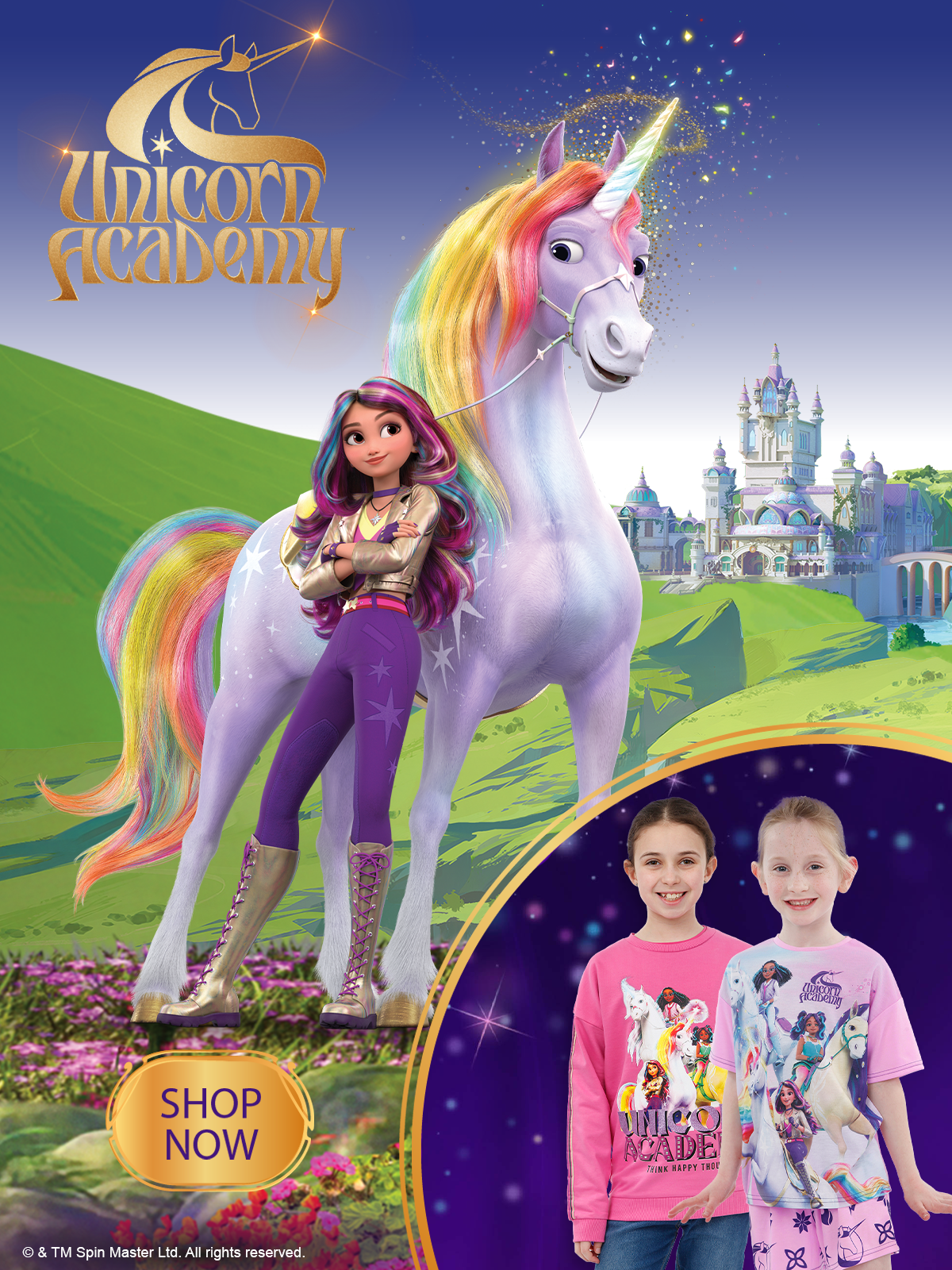 Unicorn Academy featuring Sophia and Wildstar and 2 young girls wearing a Uniform Academy Sweatshirt and Pyjamas