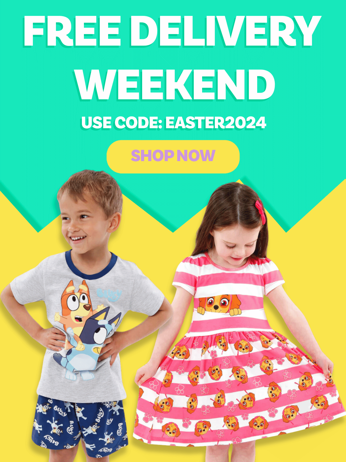 A young by wearing Short Pyjamas featuring Bluey and Bingo and young girl wearing a pink and white striped PAW Patrol short sleeved dress. Free Delivery Weekend. Use Code: EASTER2024. Shop Now.
