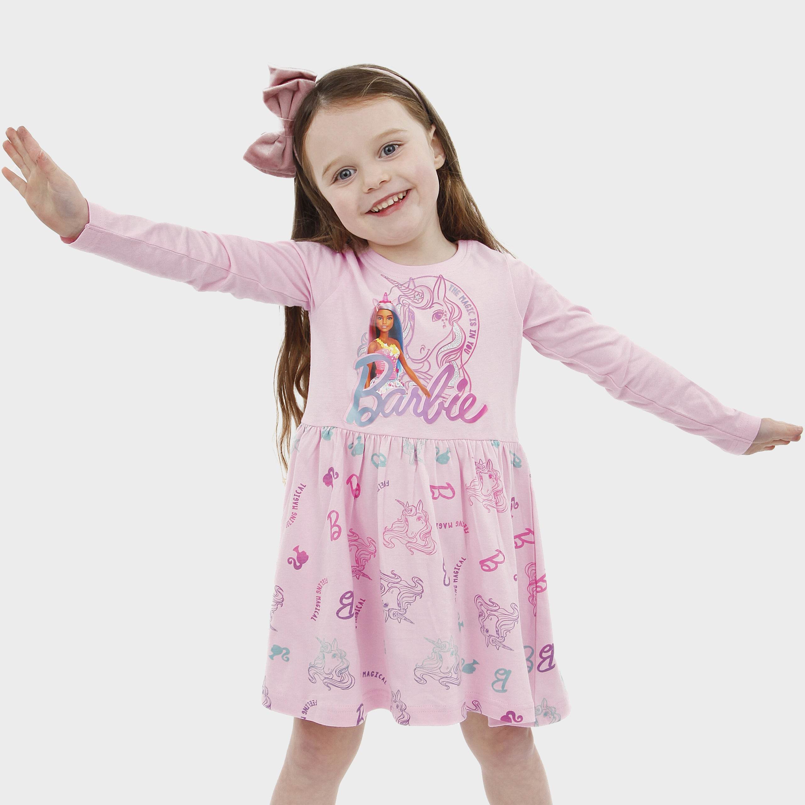 Barbie Girls Long Sleeve Dress | 100% Cotton | Unicorn | Pink Character.com Barbie Girls Long Sleeve Dress | 100% Cotton | Unicorn | Pink Character.com