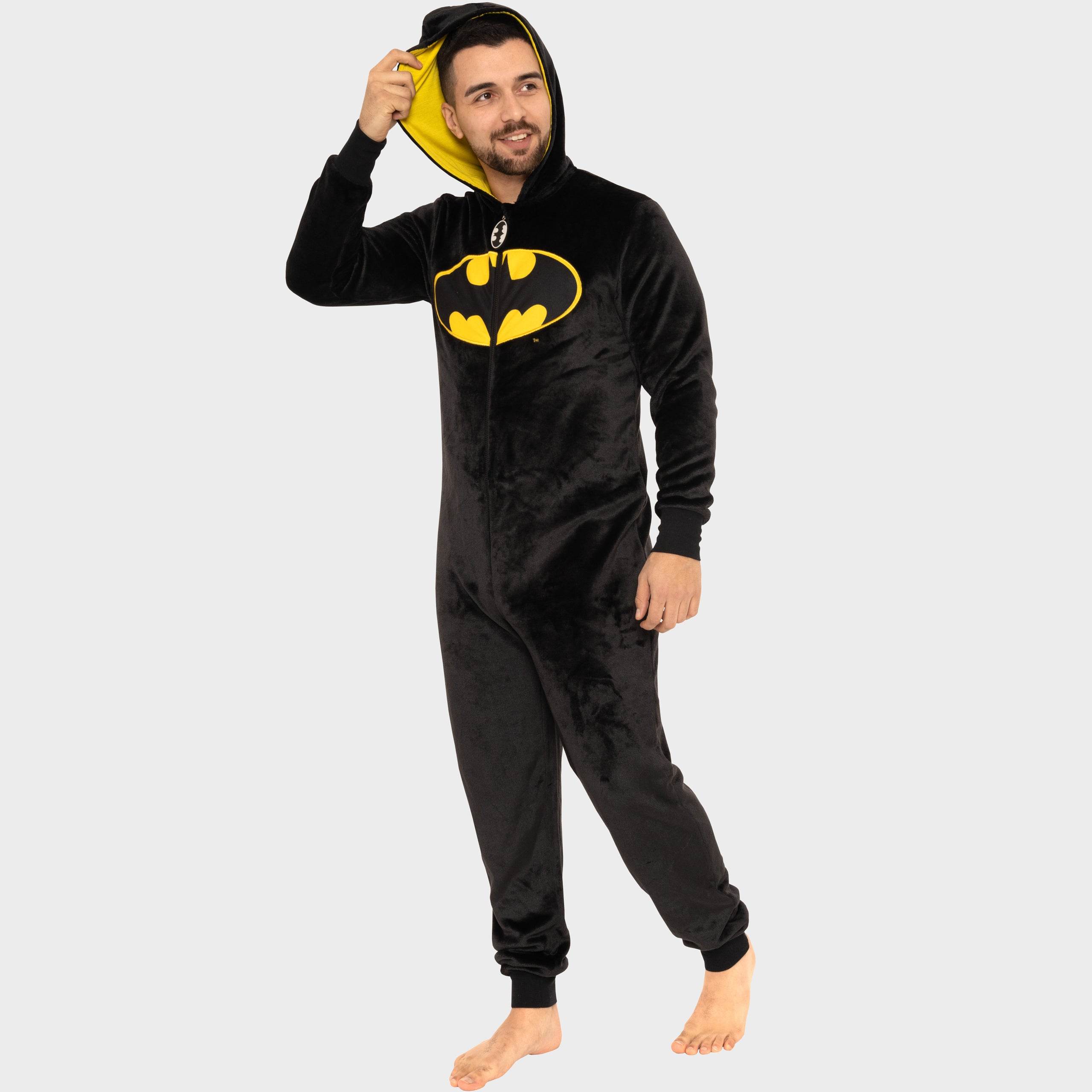 Batman Mens Onesie I Super Soft Fleece 3D Ears Zip-Up Black S-XXL