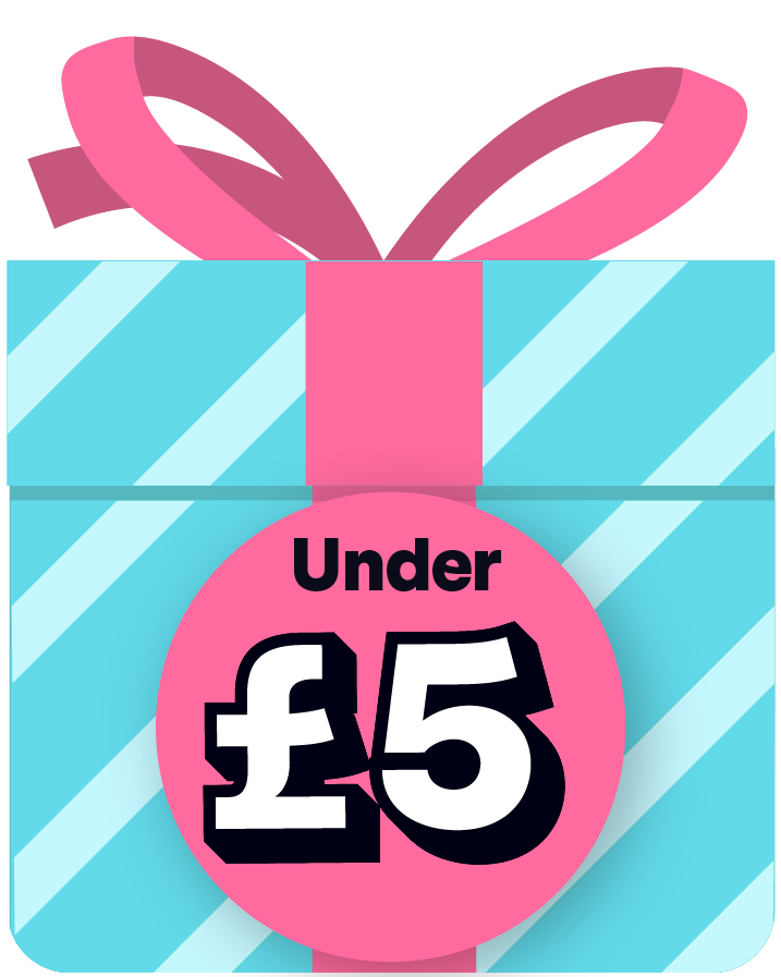 Gift box with pink ribbon and 'Under £5' label on a blue and white striped background