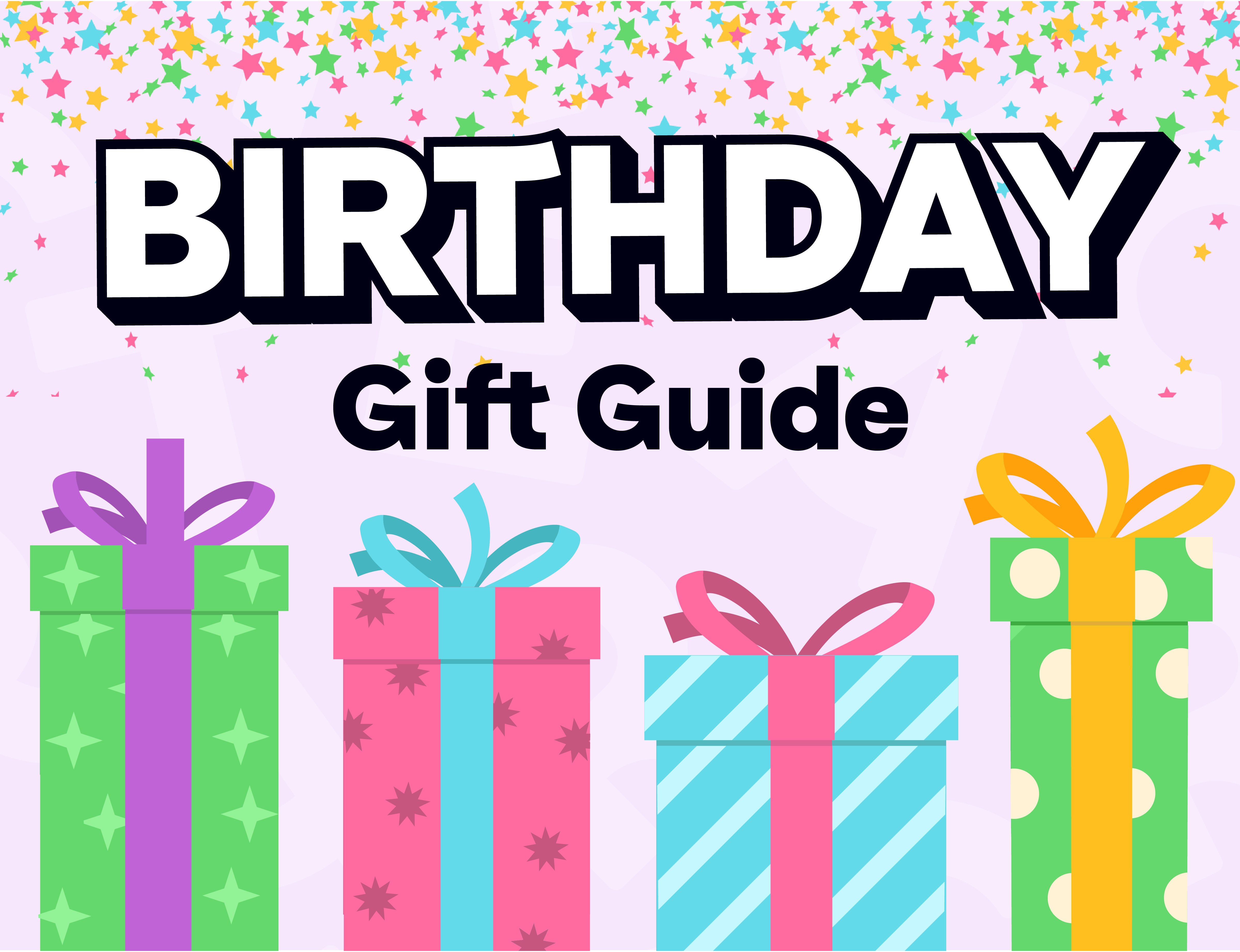 Birthday gift guide with colorful presents and confetti on a pink background