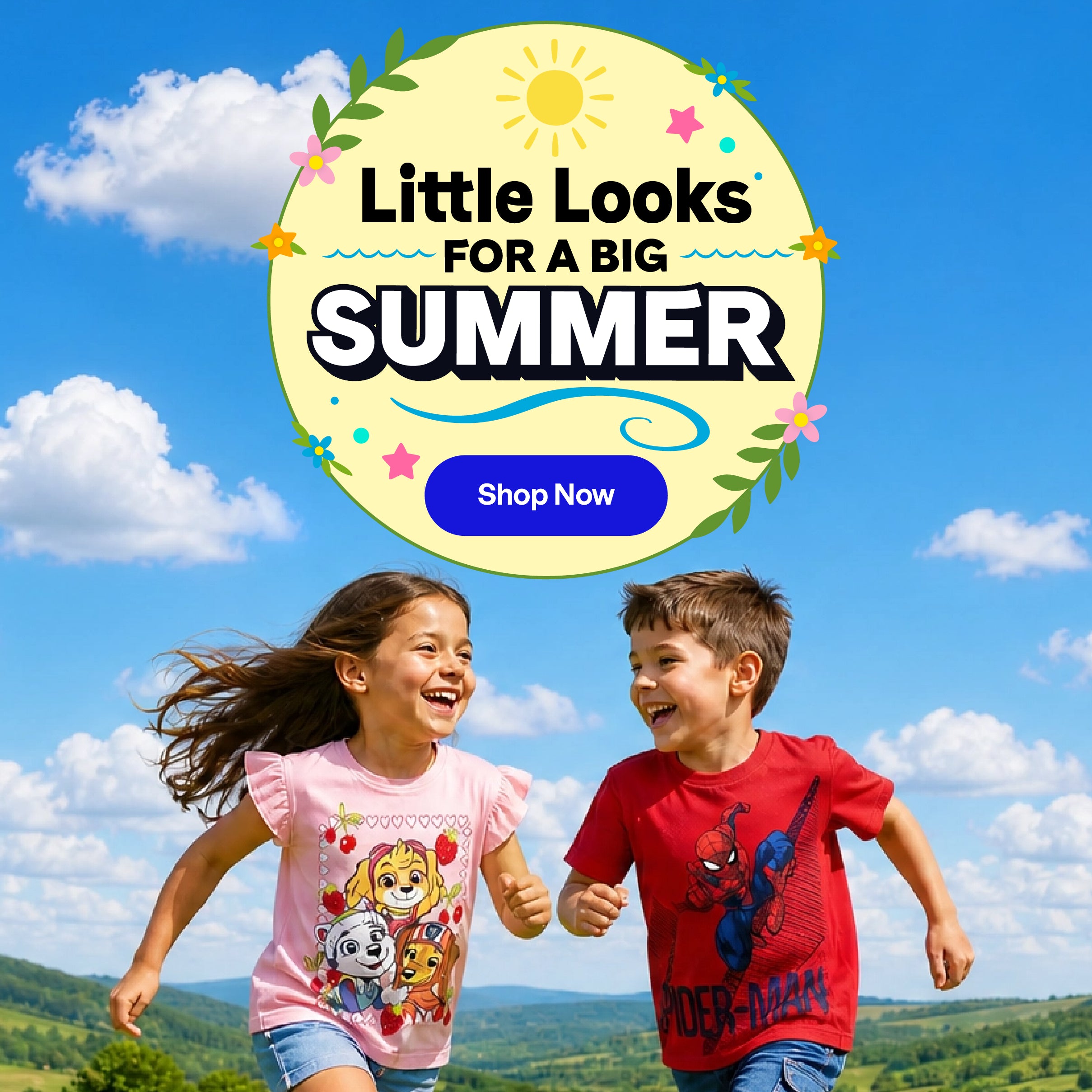 A promotional banner featuring two children running outdoors under a blue sky with clouds and green hills. A large circular graphic at the top reads 'Little Looks FOR A BIG SUMMER' with a blue 'Shop Now' button.