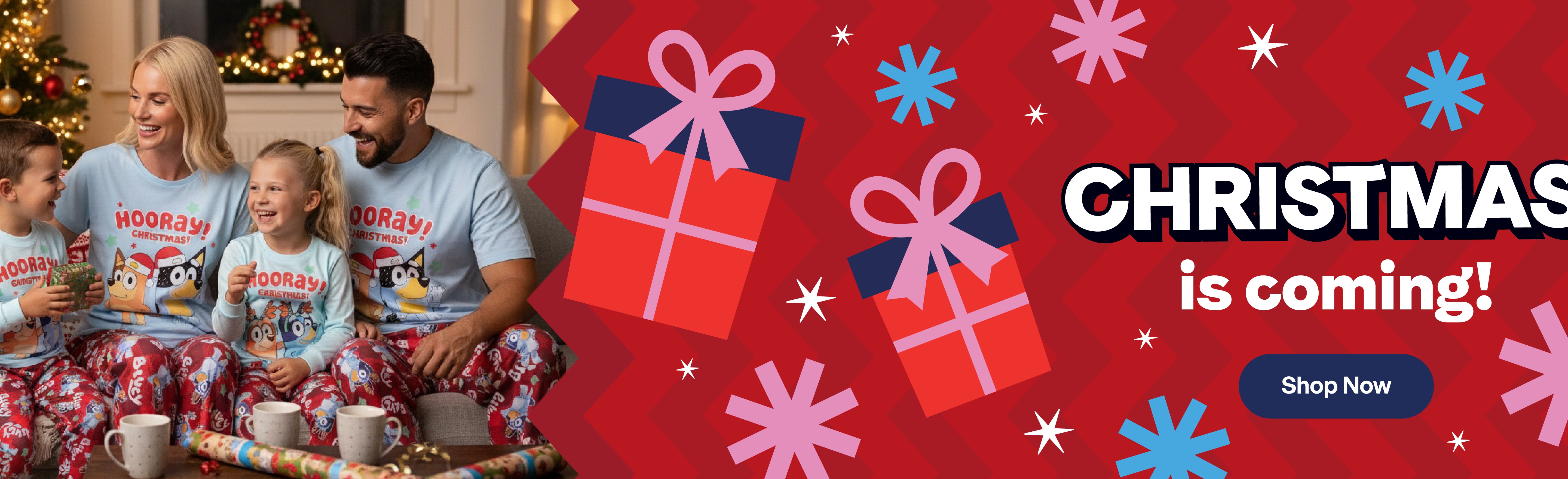 A family wearing matching Bluey Christmas Pyjamas on Christmas morning. Next to a graphic of presents and 