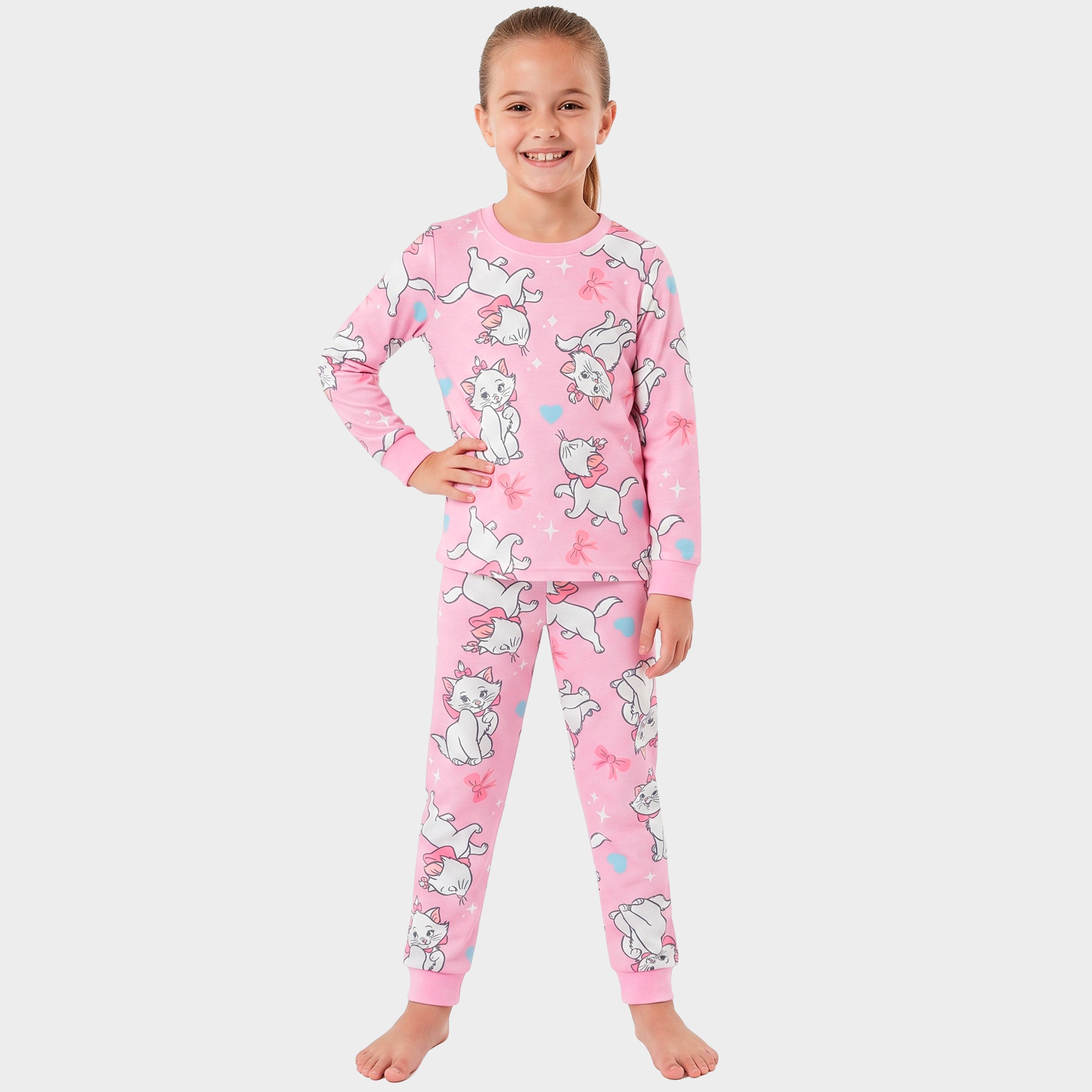 Disney Aristocats Marie Girls Fleece Pyjamas. Pink Stars and Bows Long Sleeve Kids Pjs