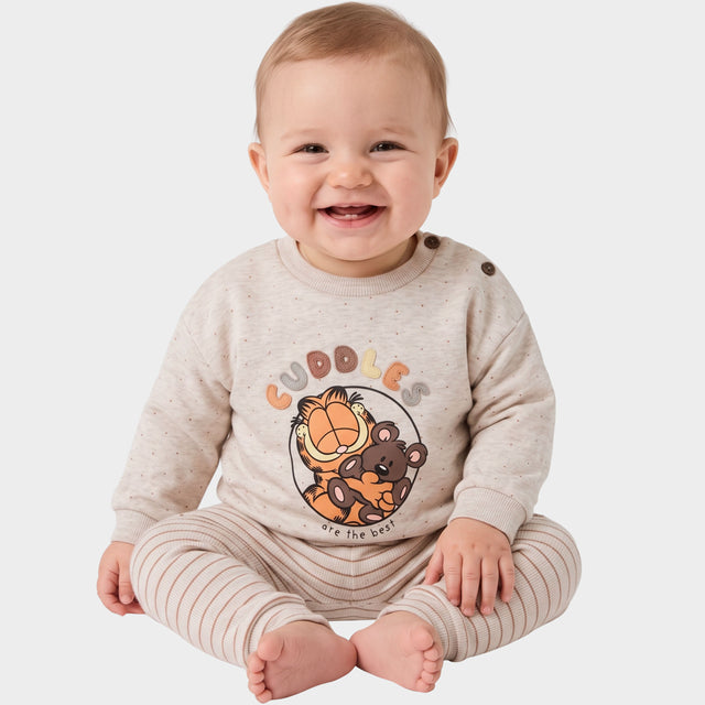 Garfield Baby Outfit Set. Beige Jumper with Teddy Cuddles Design and Brown Stripe Leggings.