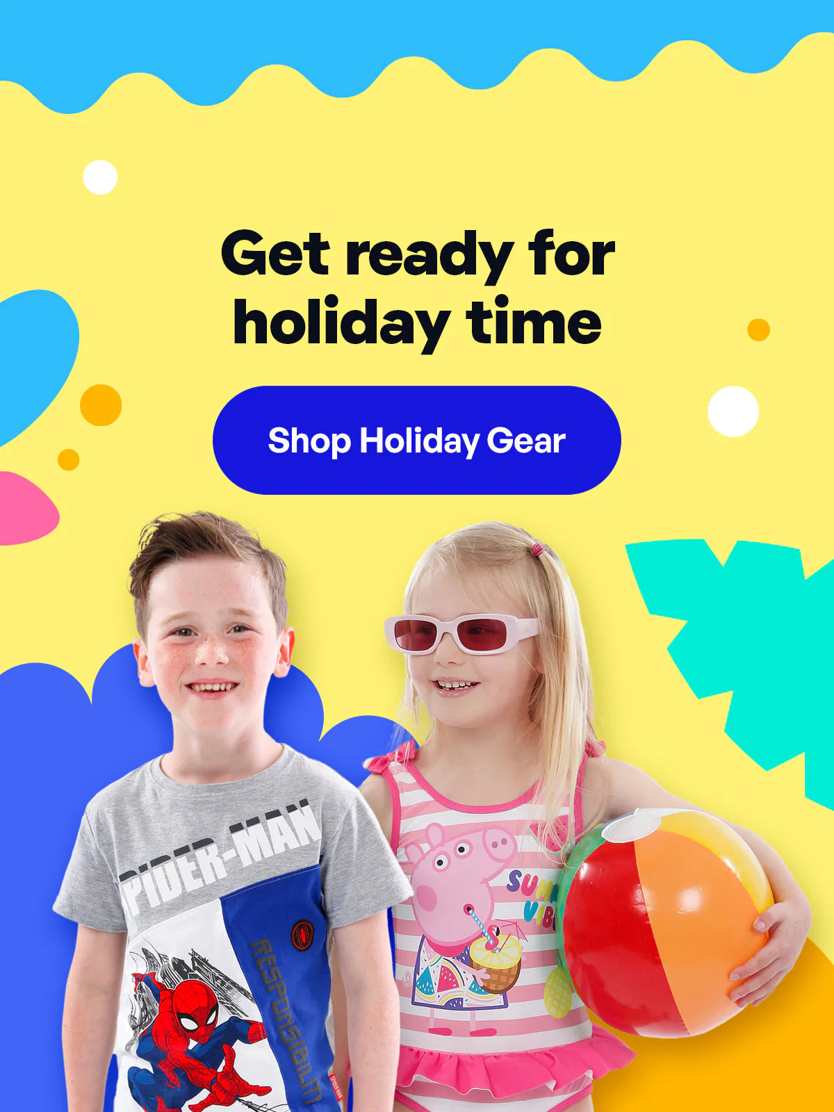 Get ready for holiday time - Shop holiday gear. young girl wearing a Peppa Pig swimming costume standing next to a young boy wearing a Spider-Man T-Shirt.