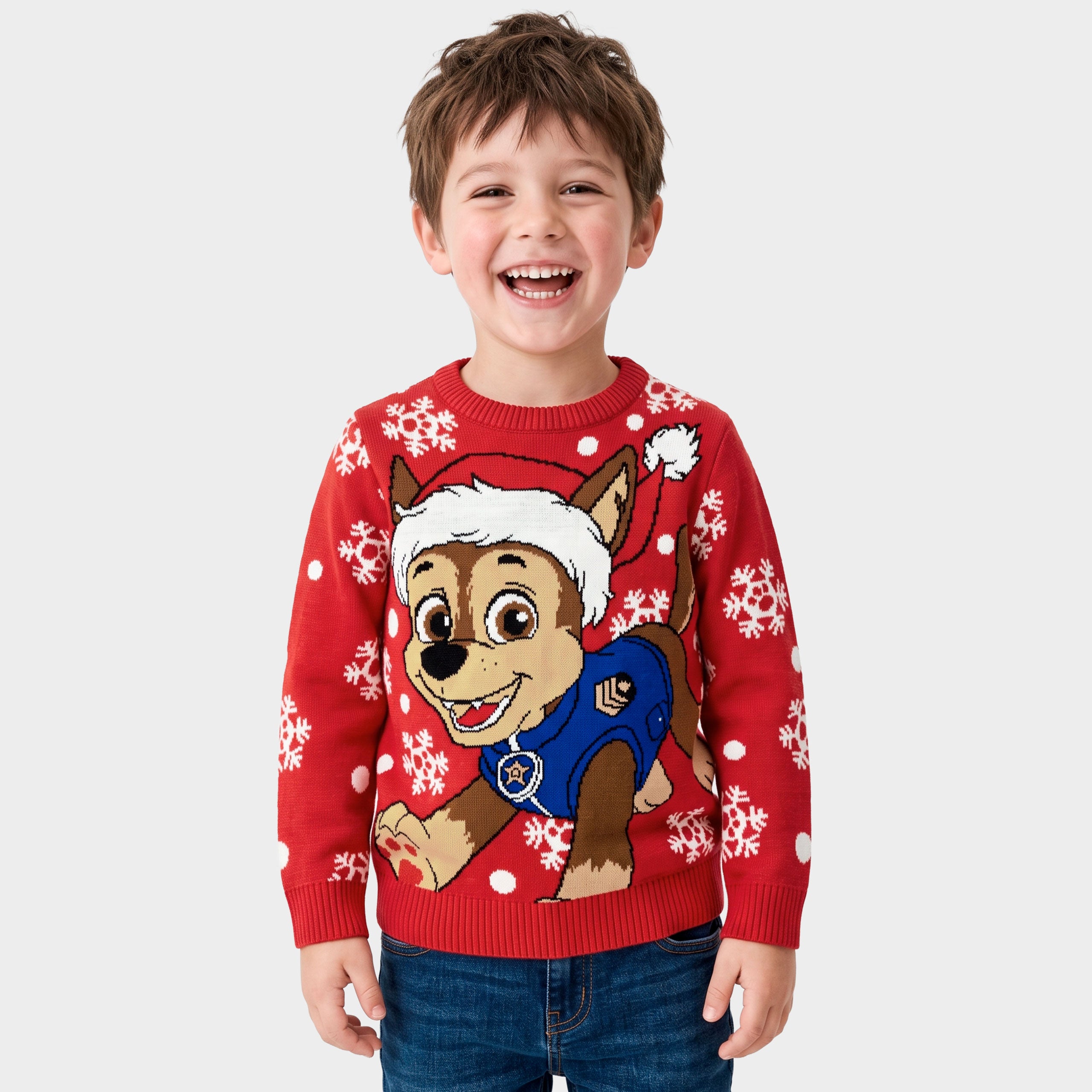 PAW Patrol Chase Boys Christmas Jumper. Red Kids Knitted Jumper With Snowflakes And Santa Hat Design.