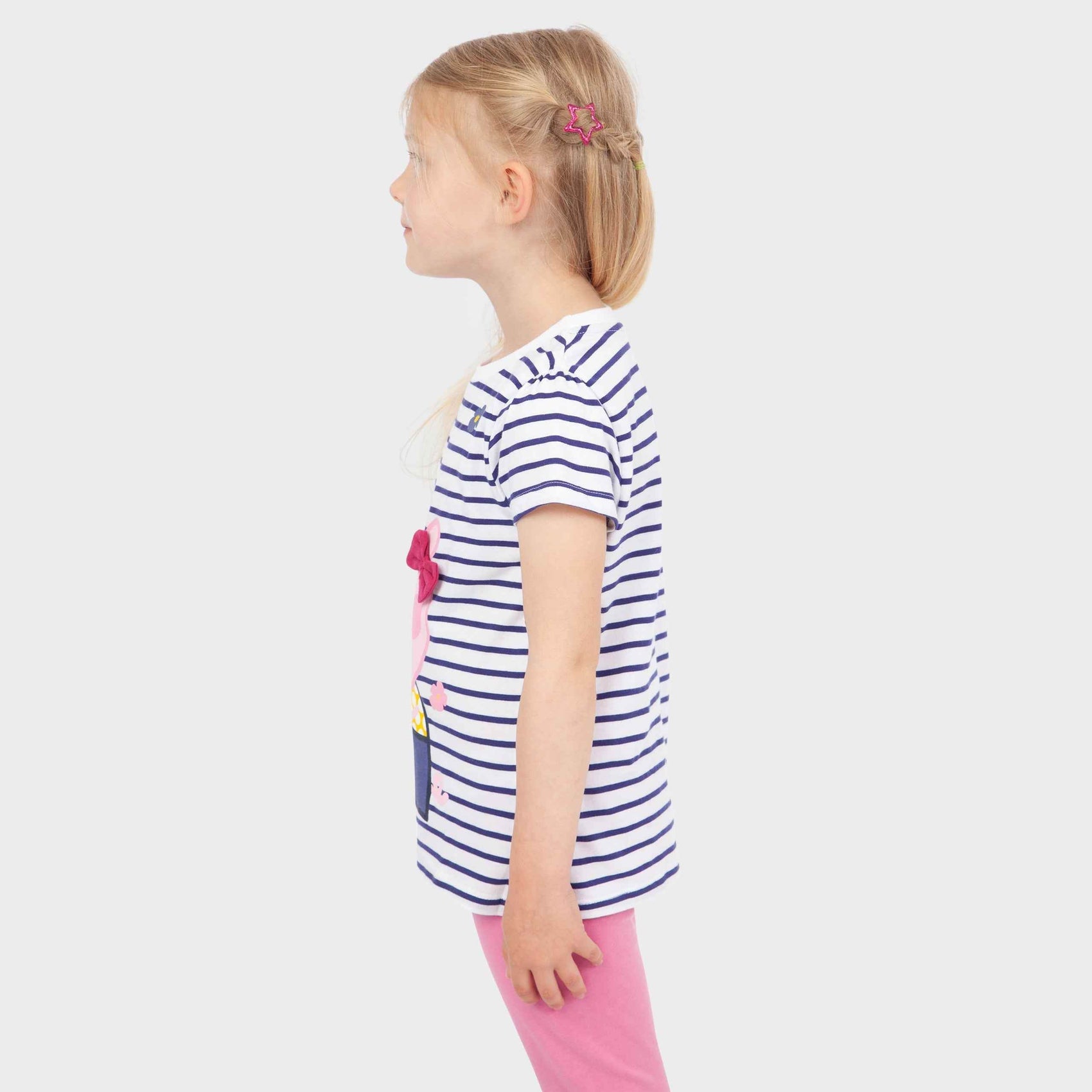 T-Shirt Fille Peppa Pig - Manches Courtes 100% Coton Rayé Bleu Et Blanc